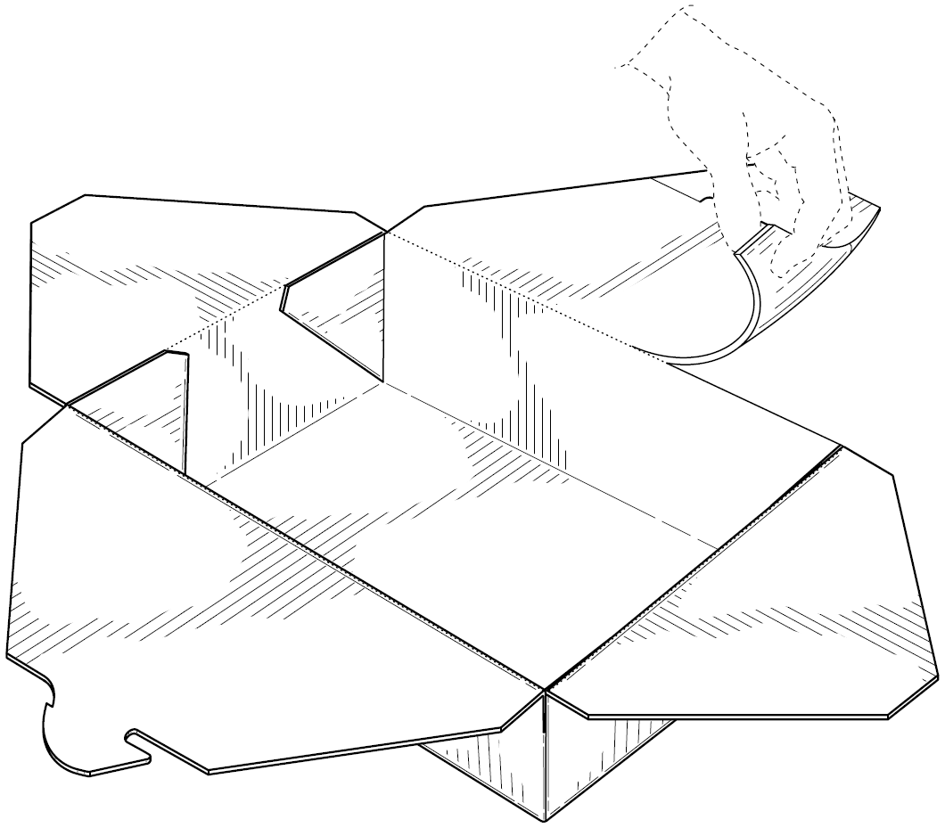 An image of a paper food carton with a hand tearing off a flap. The flap tears off easily thanks to perforations.